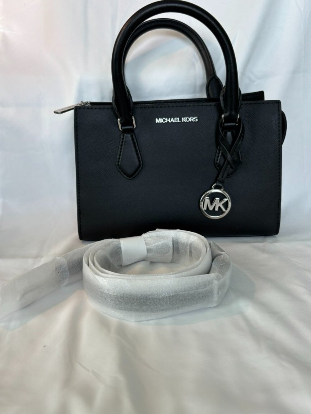 Michael Kors Black Saffiano Leather Satchel Silver MK Charm